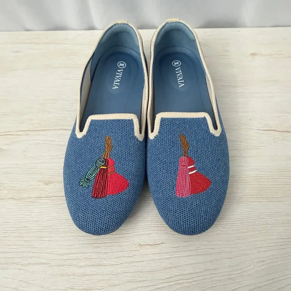 Vivaia Shoes Womens Size 6.5 Audrey Knit Flats Blue Tassel Embroidered 37